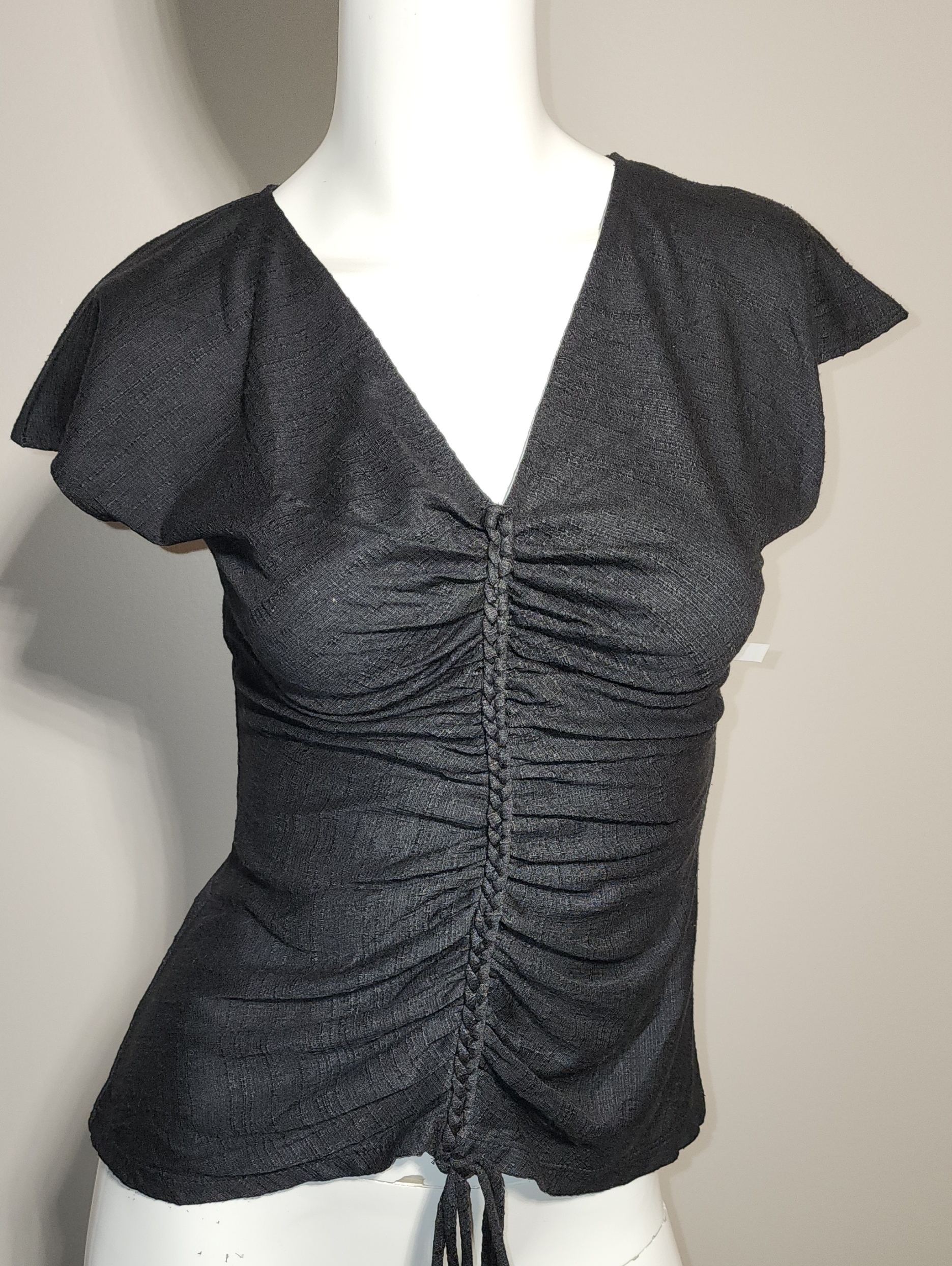 Max Studio Black Ruched V-Neck Drawstring Top